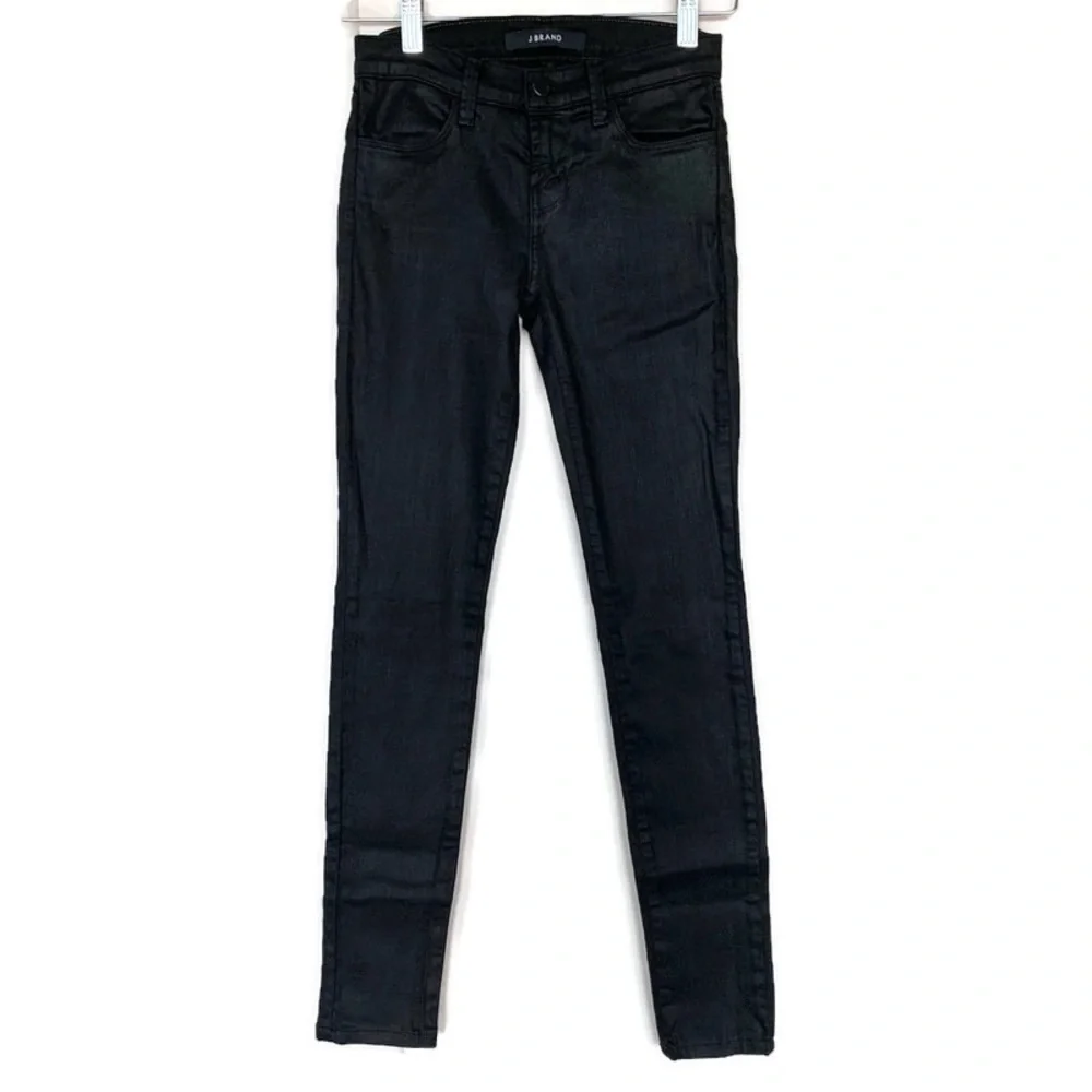 J Brand Super Skinny Lacquered Black Coated Jeans Low Rise Stretch USA 24/0 Edgy